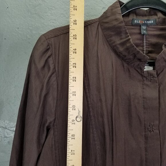 Eileen Fisher Seamed Jacket Medium Silk Blend Crinkle Clove Brown Snap Front NEW - Picture 15 of 16